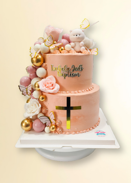 2 Tier Pink and Gold Baptism Cake