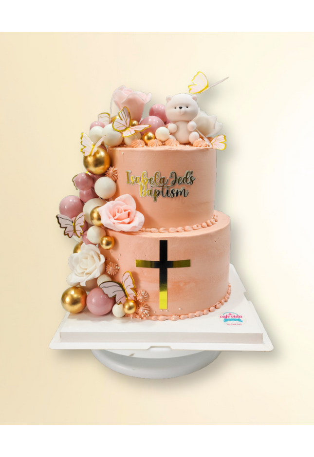2 Tier Pink and Gold Baptism Cake